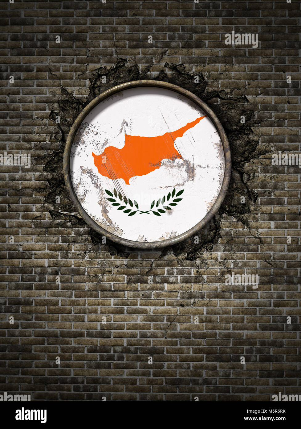 3d rendering of a Cyprus flag over a rusty metallic plate embedded on ...