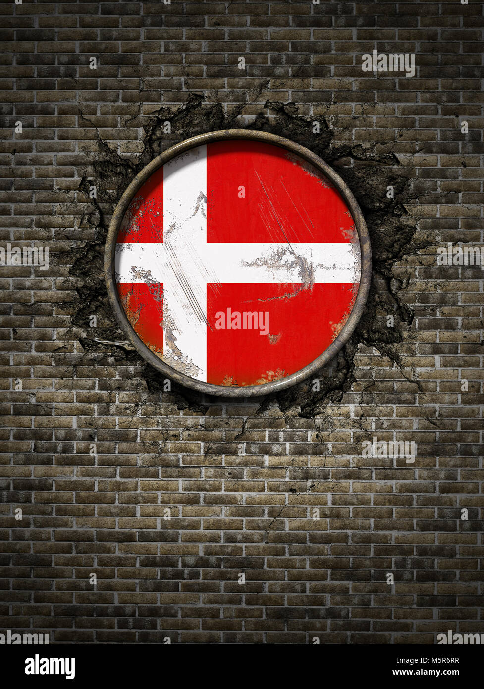 3d rendering of a Denmark flag over a rusty metallic plate embedded on ...