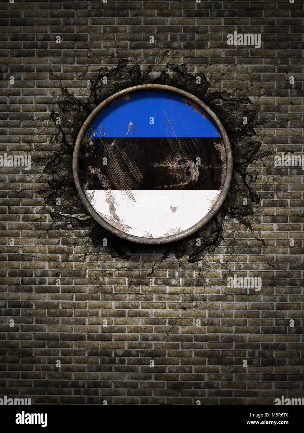 3d rendering of an Estonia flag over a rusty metallic plate embedded on ...