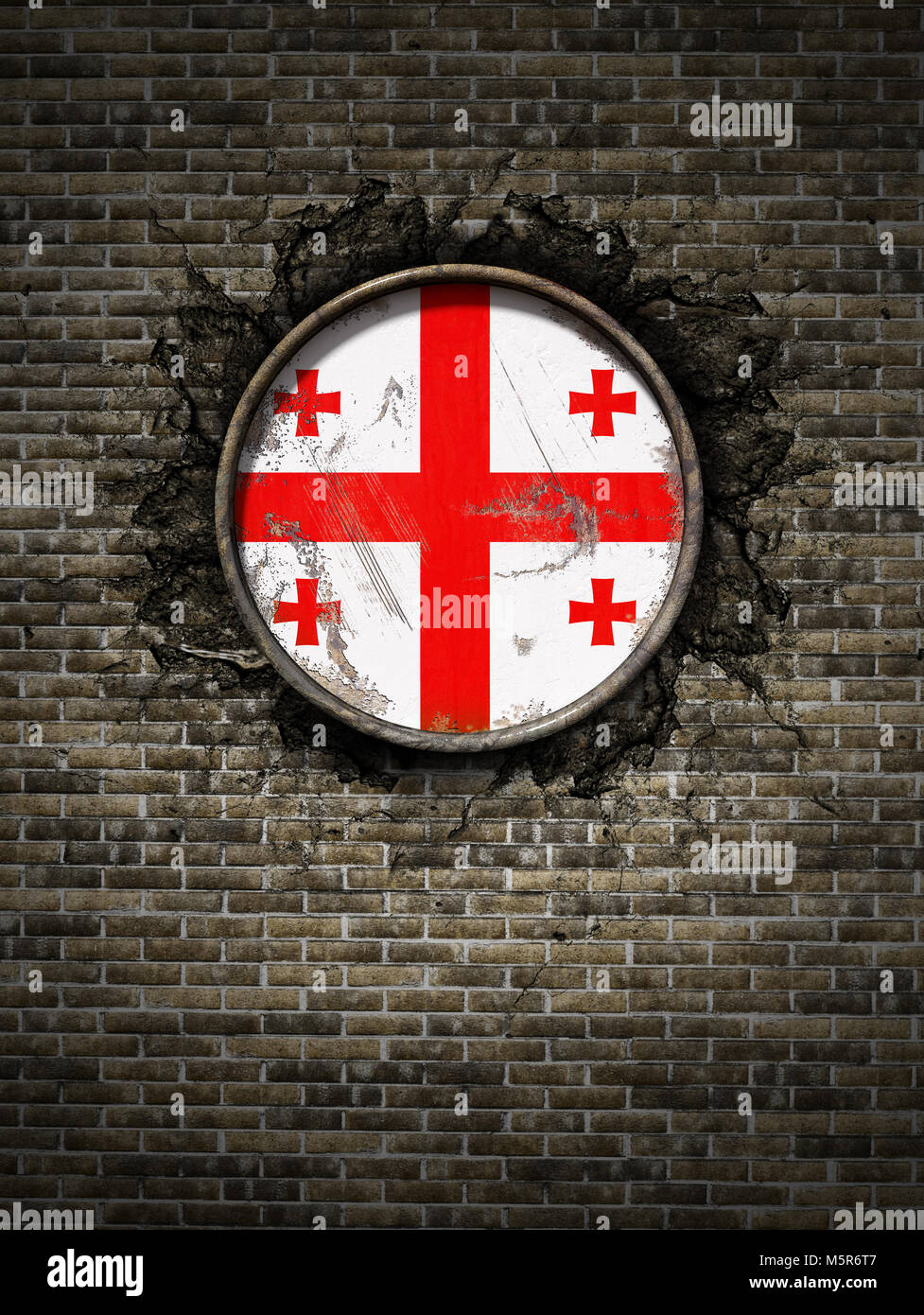 3d rendering of a Georgia flag over a rusty metallic plate embedded on ...