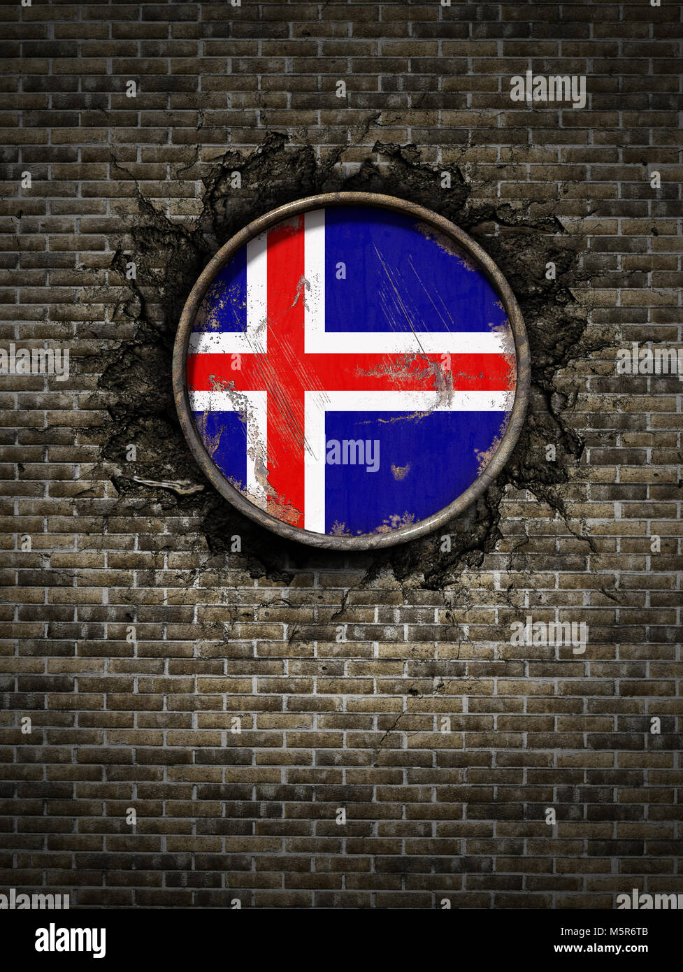 3d rendering of an Iceland flag over a rusty metallic plate embedded on ...