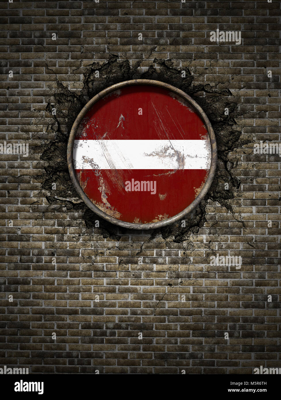 3d rendering of a Latvia flag over a rusty metallic plate embedded on ...