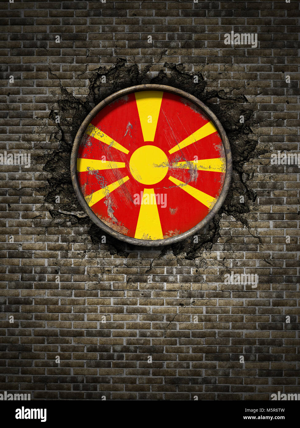 3d rendering of a Macedonia flag over a rusty metallic plate embedded ...