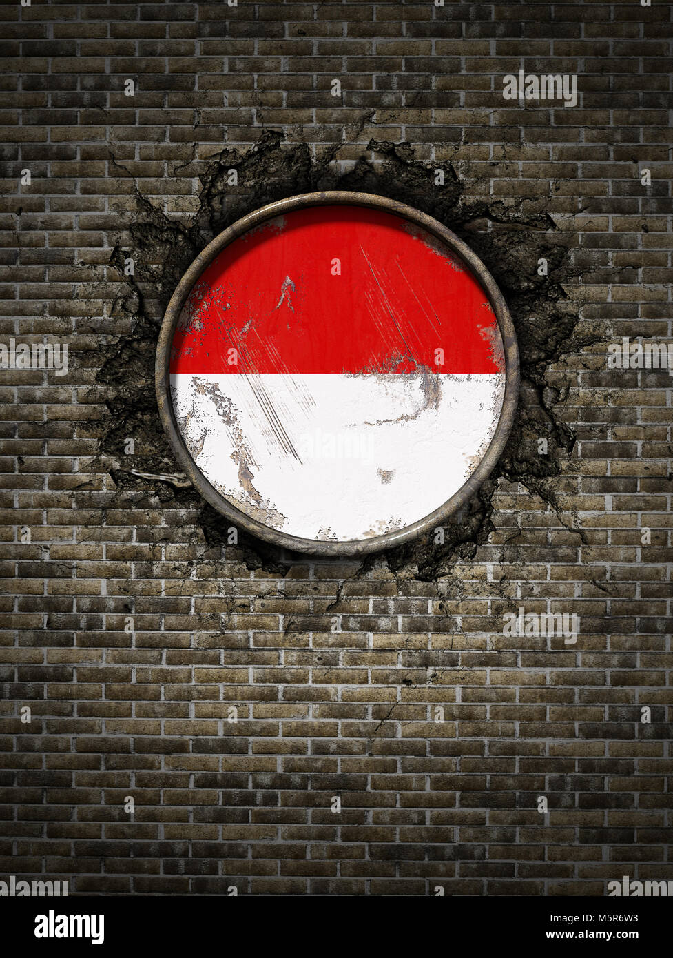 3d rendering of a Monaco flag over a rusty metallic plate embedded on ...