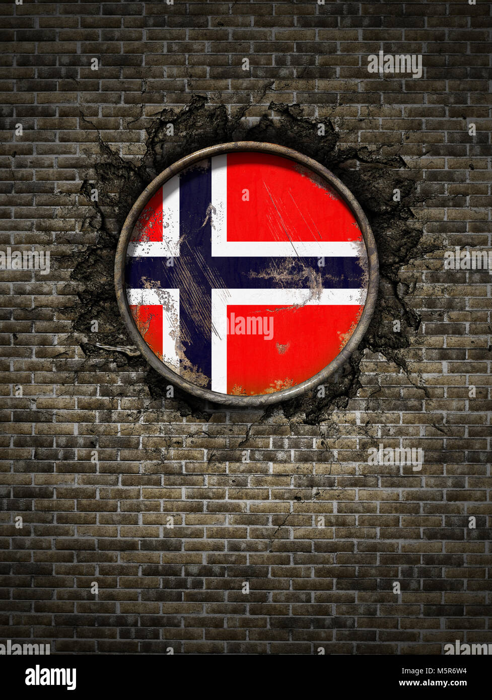 3d rendering of a Norway flag over a rusty metallic plate embedded on ...