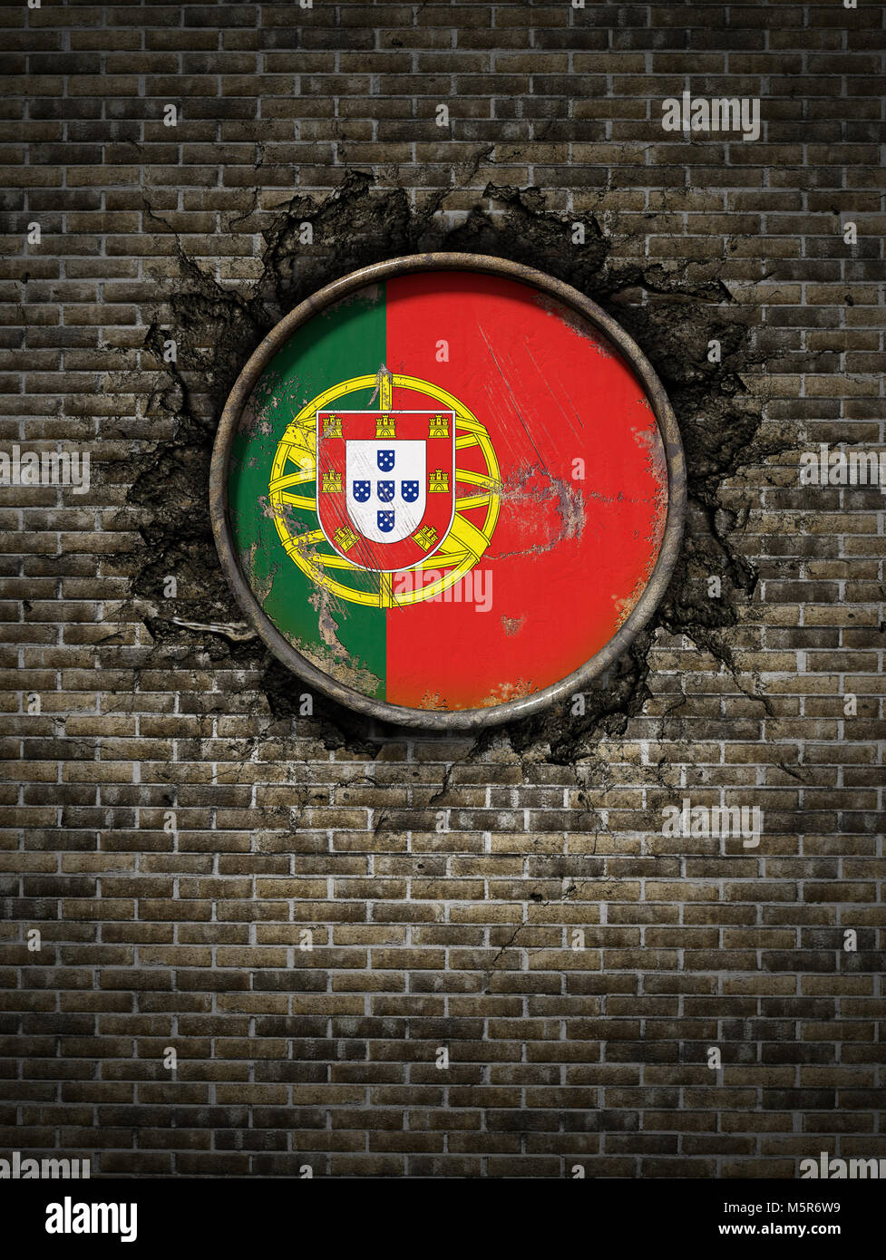 3d rendering of a Portugal flag over a rusty metallic plate embedded on ...