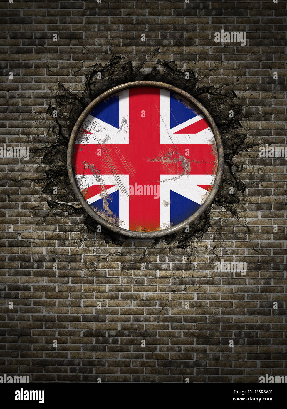 3d rendering of a united kingdom flag over a rusty metallic plate ...