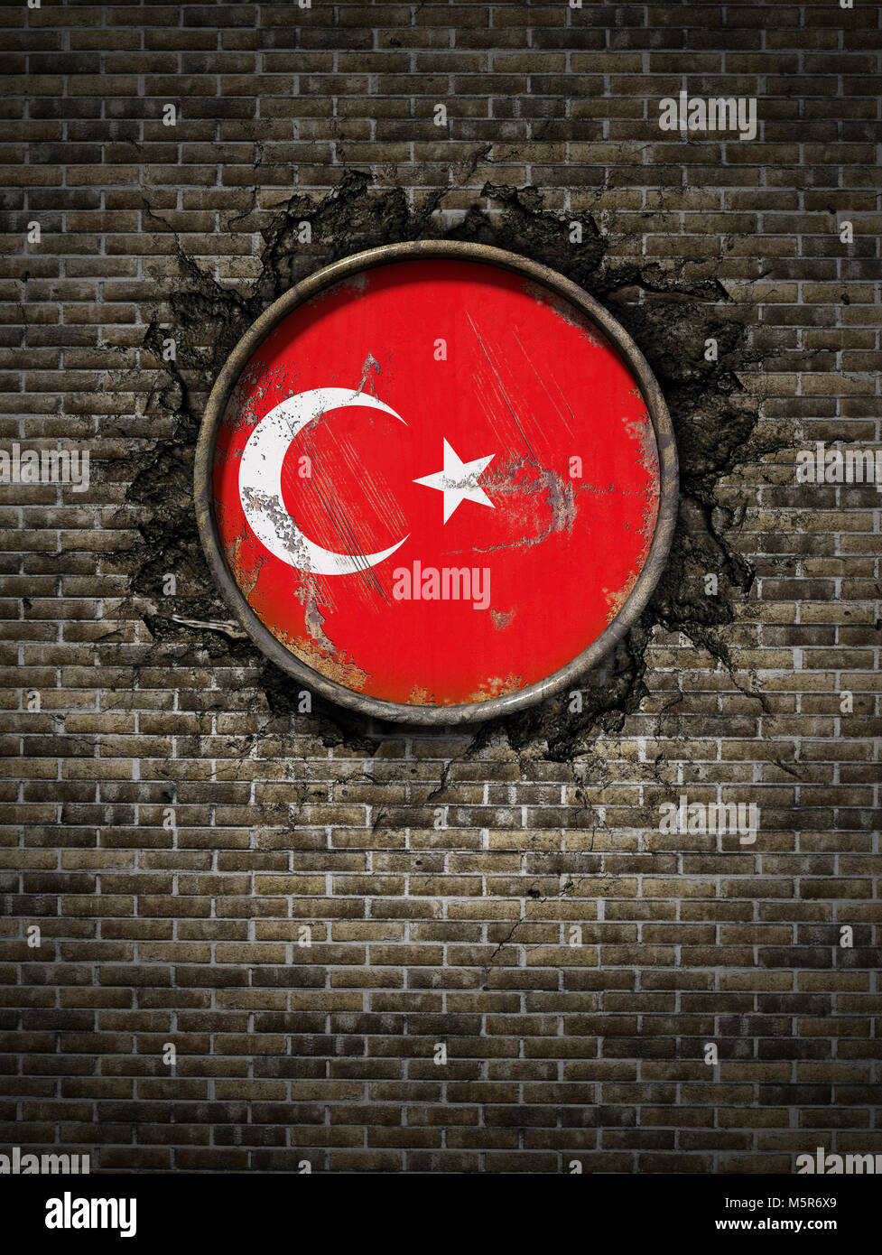 3d rendering of a Turkey flag over a rusty metallic plate embedded on ...