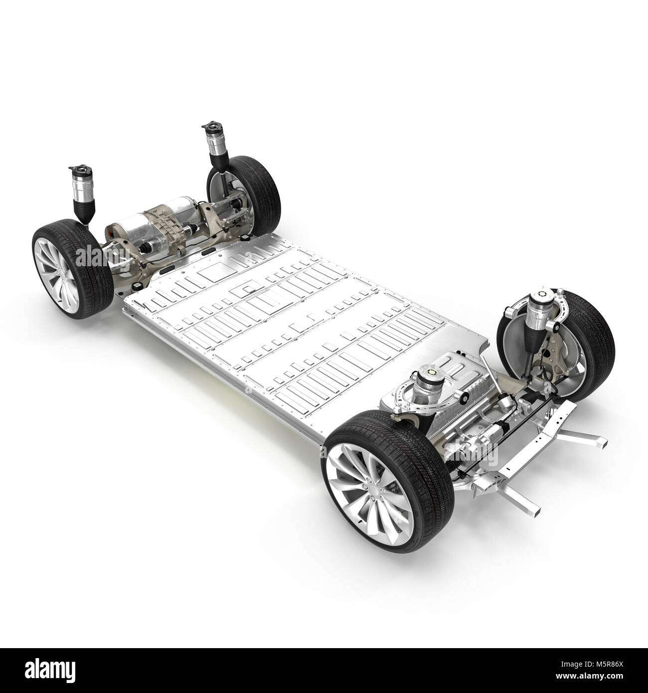 Electric car chassis with battery on white. 3D illustration Stock Photo