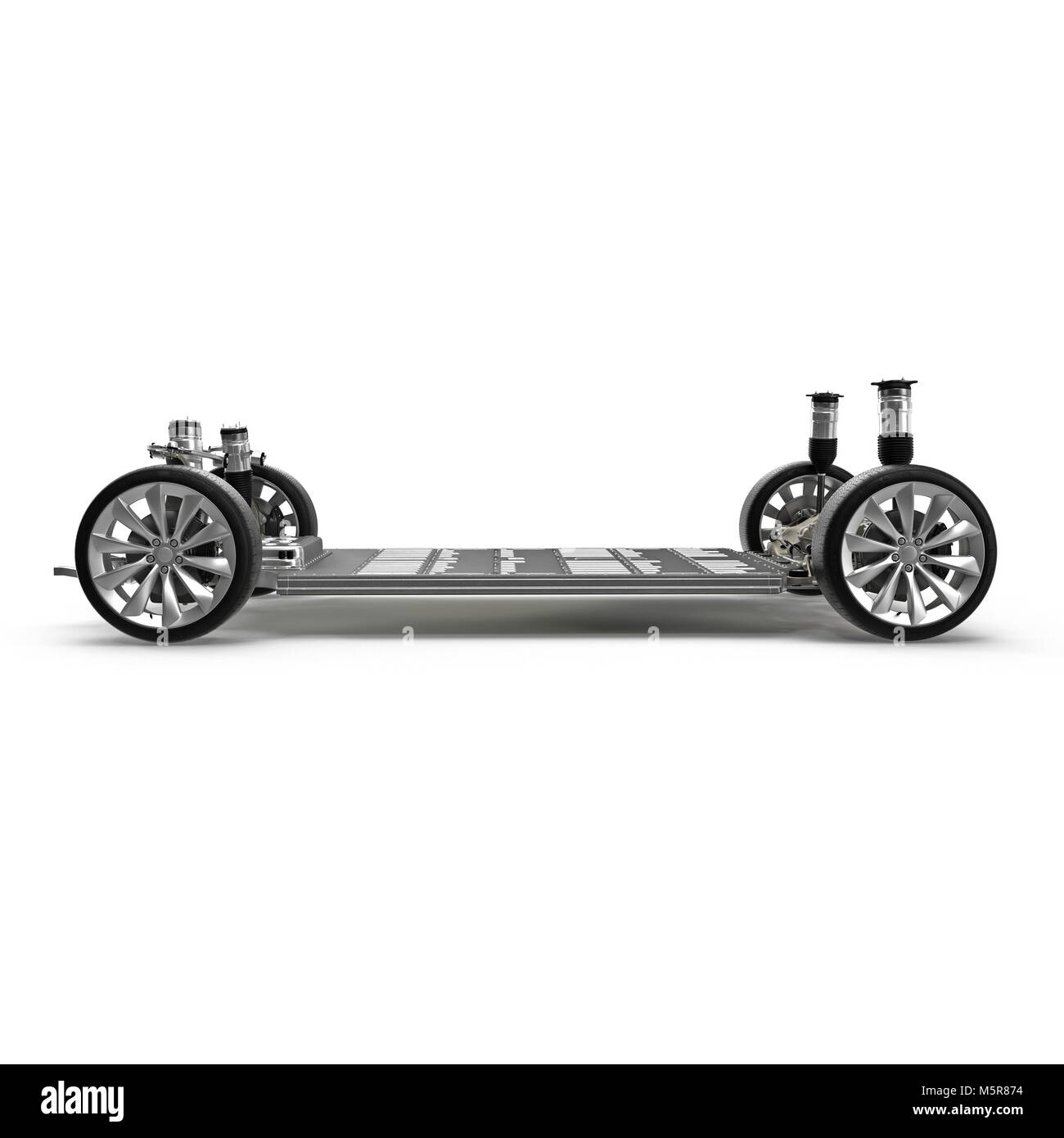 Electric car chassis with battery on white. Side view 3D illustration