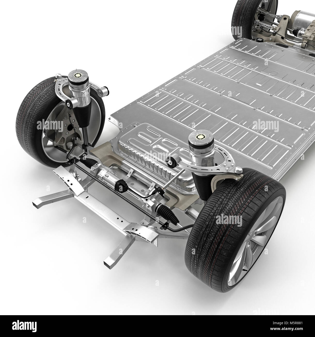 Render of electric car chassis isolated on white. 3D illustration Stock