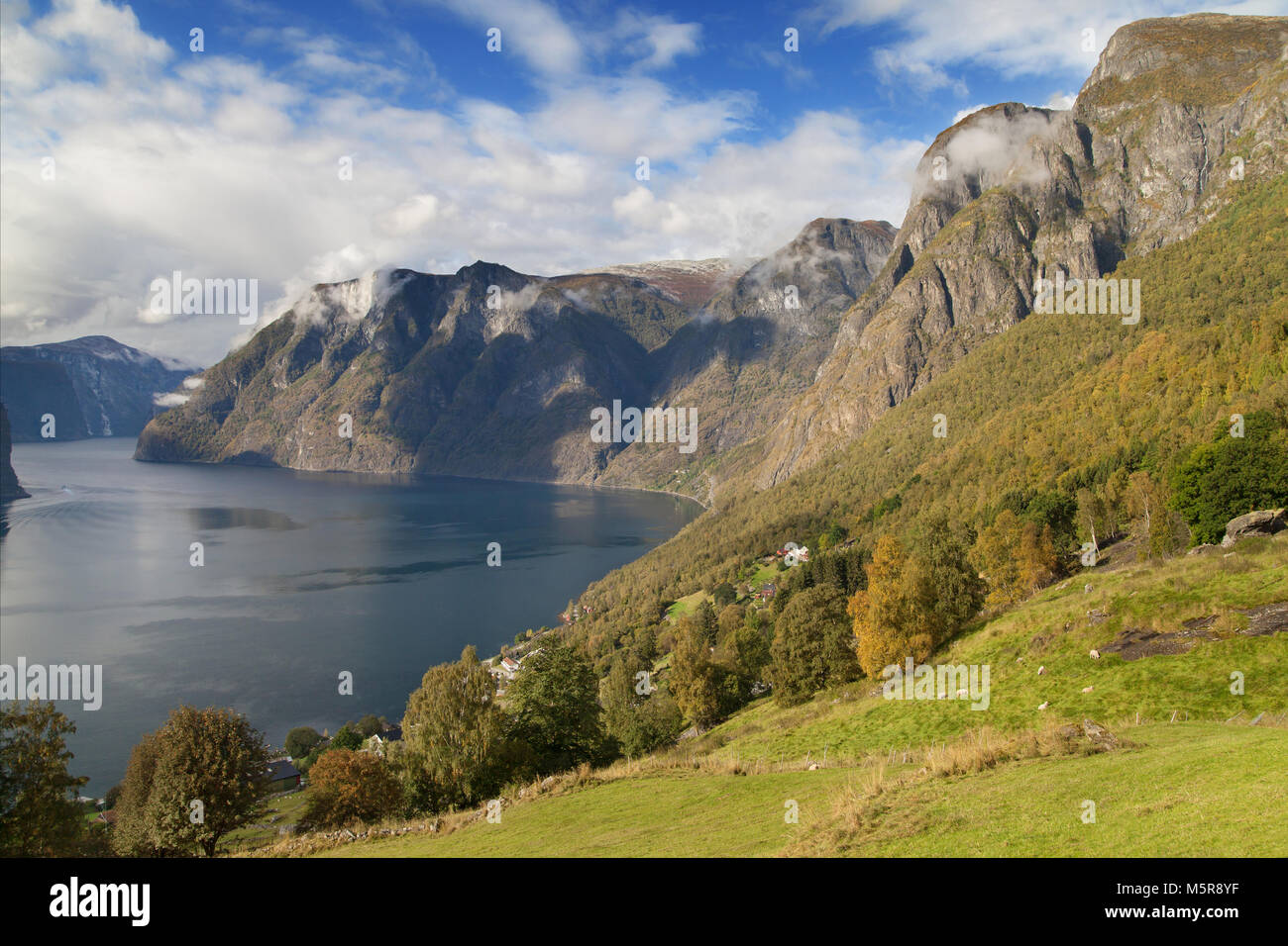 The Aurlandsfjord seen from the slopes of Aurlandsvangen, Sogn og Fjordane, Norway. Stock Photo