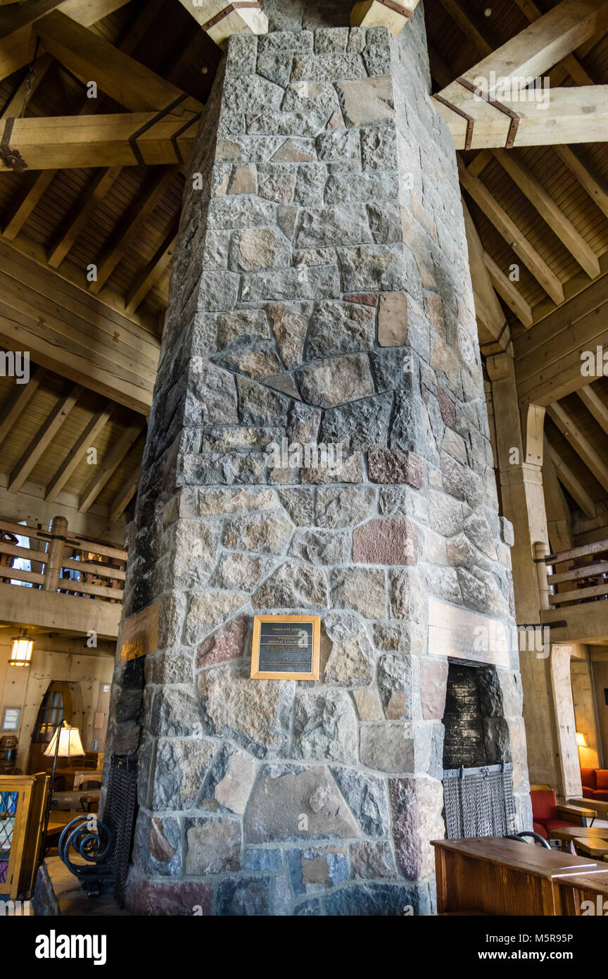 Interior view of Timberline Lodge on Mt Hood.  The lodge was constructed in 1936 to 1938 by the Works Progress Administration Stock Photo