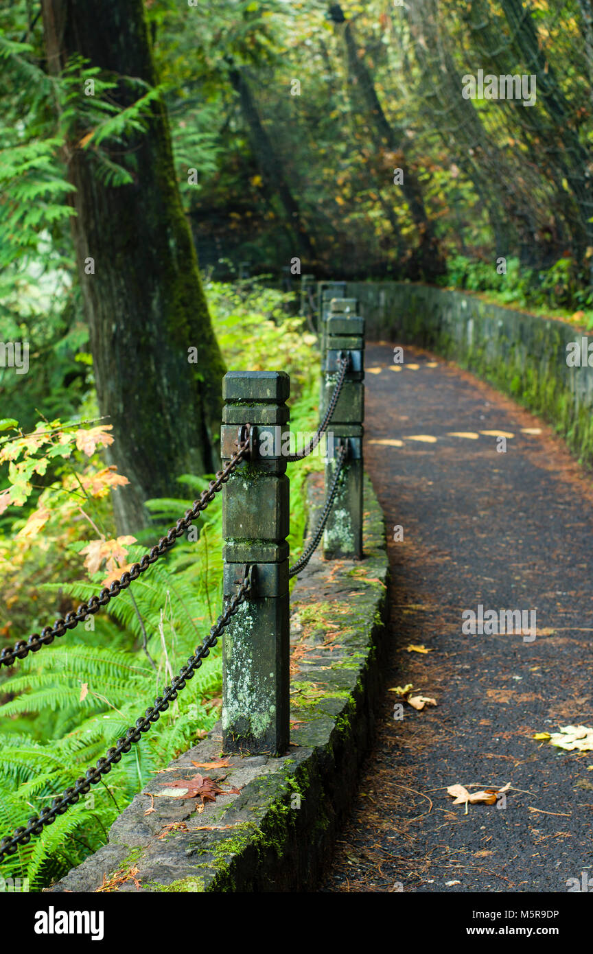 Pathway with chain handrail at Multnomah Falls in the COlumbia Gorge National Scenic Area Stock Photo