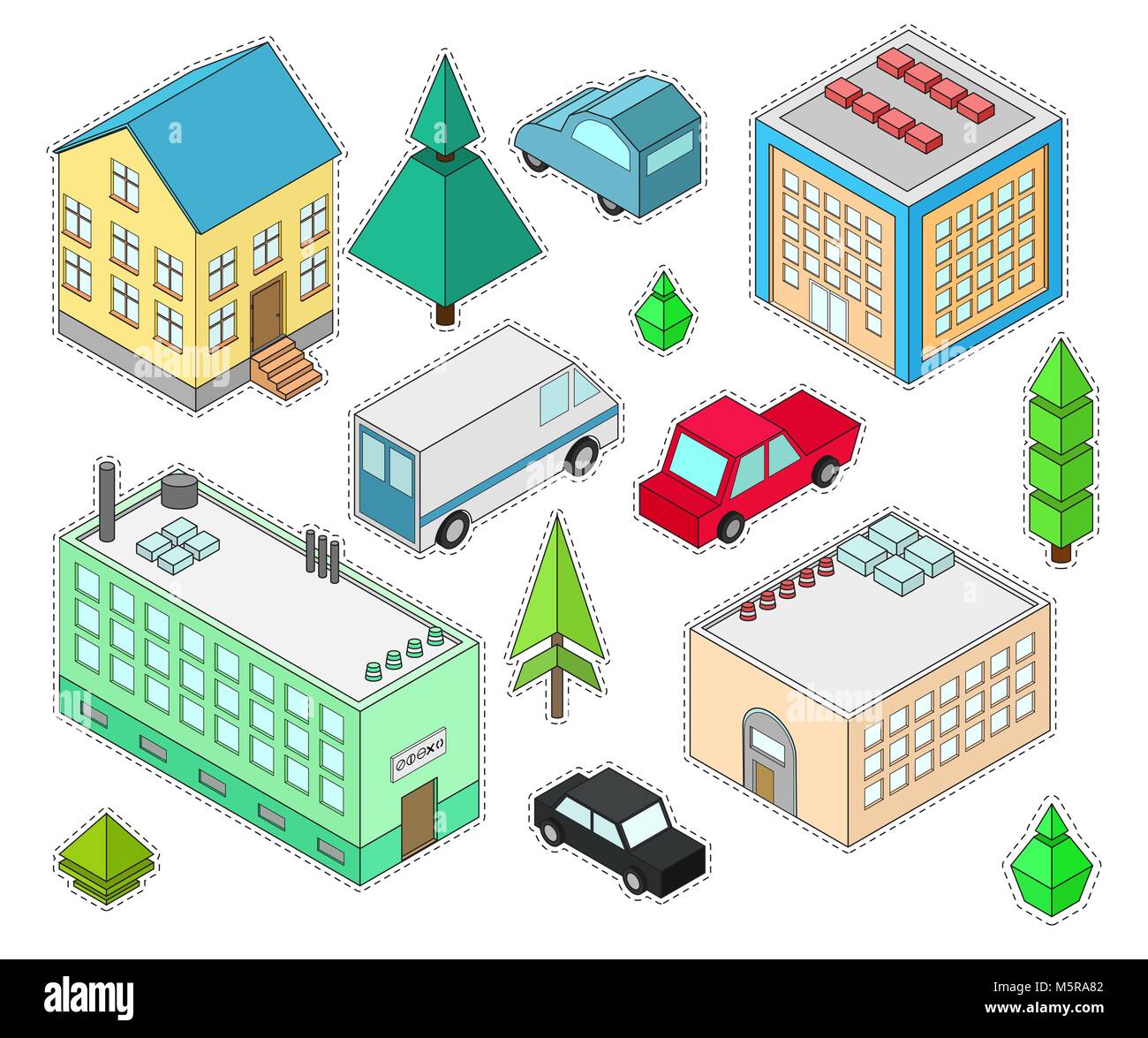 Set of stickers different  isometric buildings. Car, green bushes, tree. Vector illustration isometric style. Stock Vector