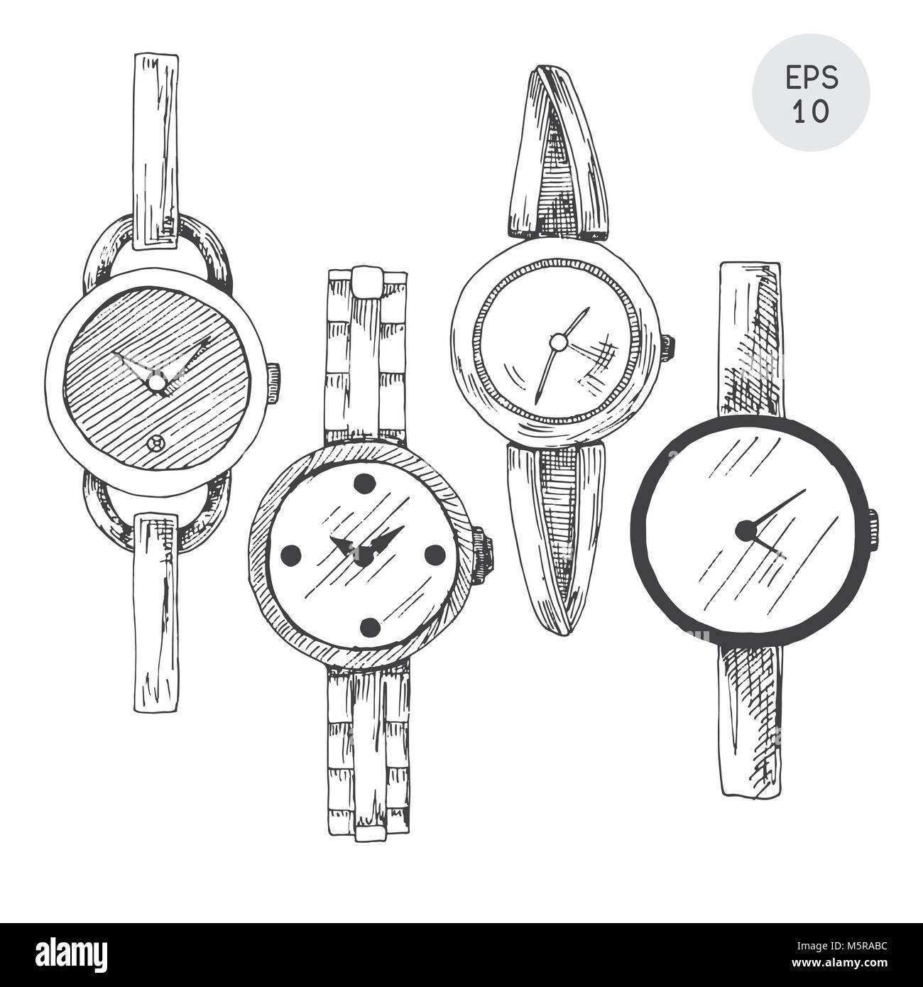 Set of wristwatches in retro style isolated on white background. Vector
