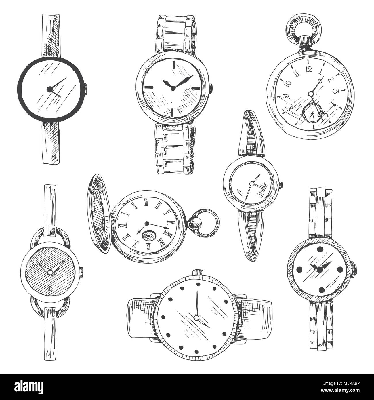 Set of different hours in retro style isolated on white background. Vector illustration in