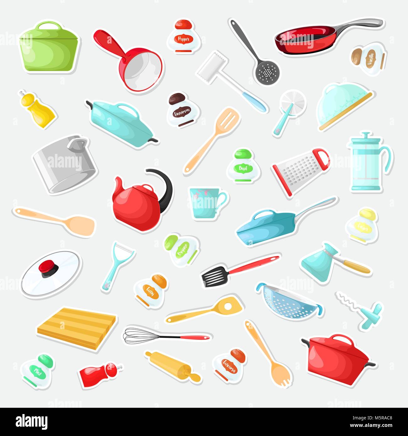 Set of stickers with utensils in a cartoon style. Vector illustration