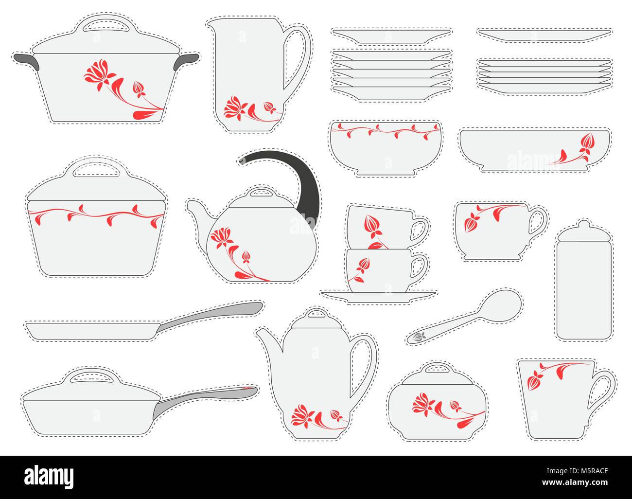 Set of stickers cookware isolated on white background. Vector illustration. Kitchen utensils. Stock Vector
