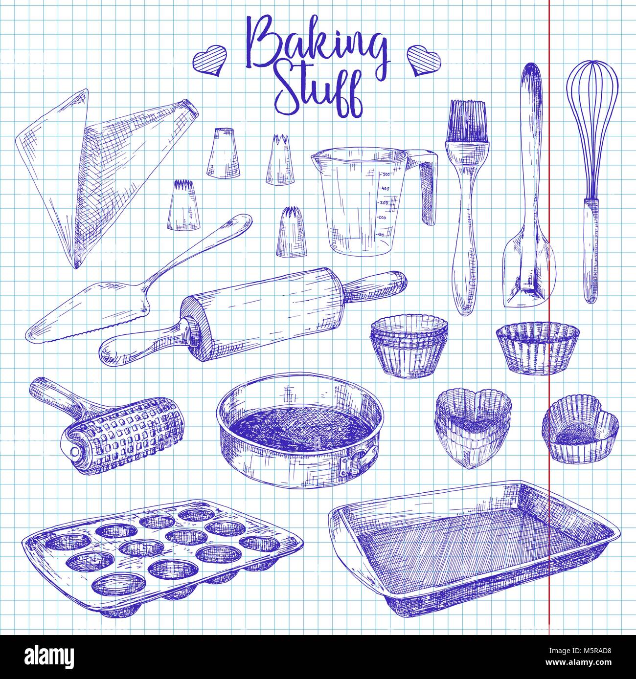 Set of dishes for baking. Baking stuff Vector illustration in sketch