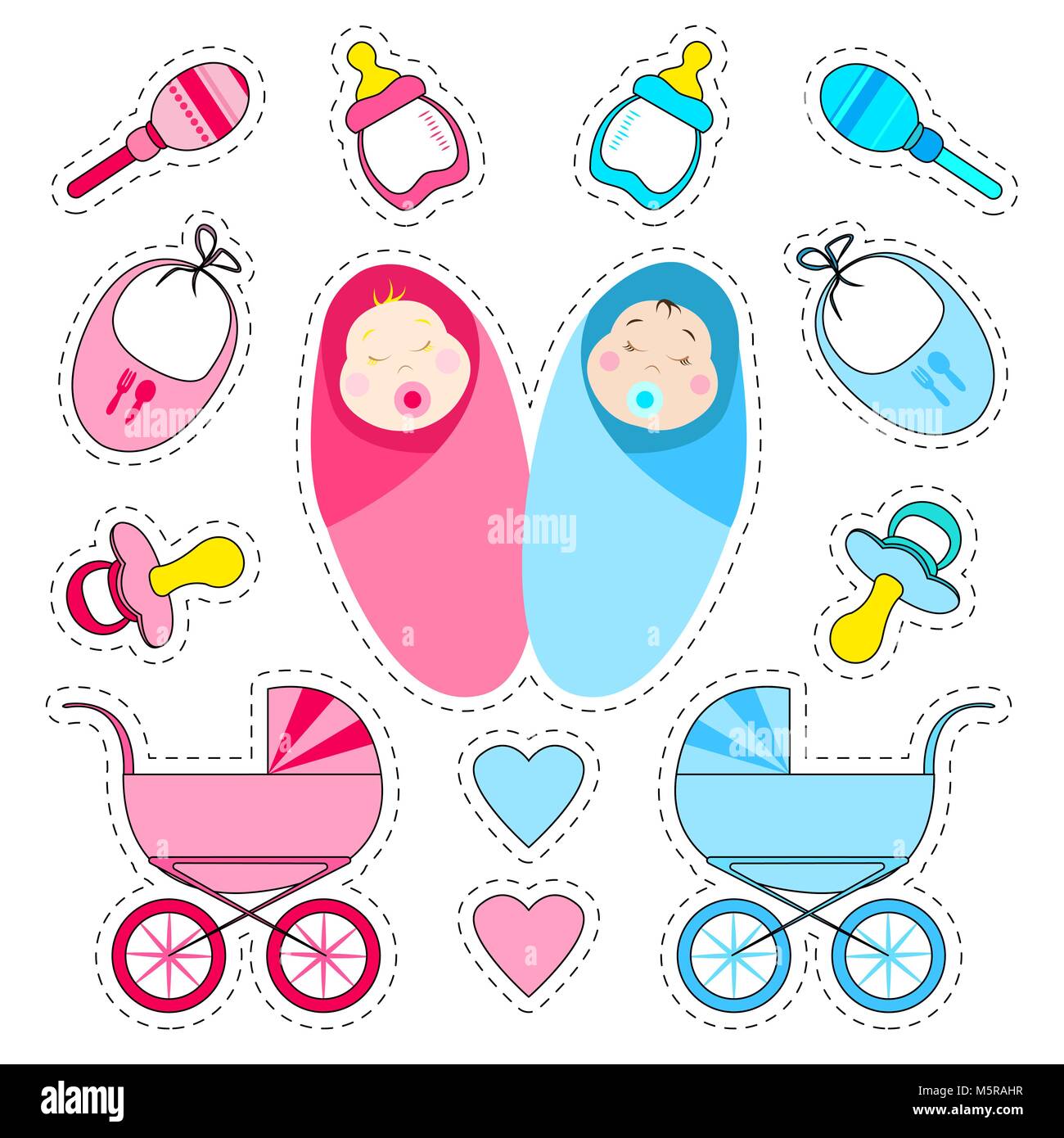 Stickers set for the birth of a child. Baby, nipple, baby bottle, stroller. Vector illustration. Stock Vector