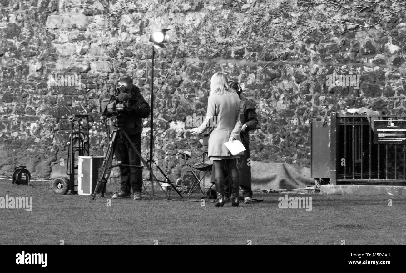 Black white photograph of an outside broadcast unit on collage green westminster london
