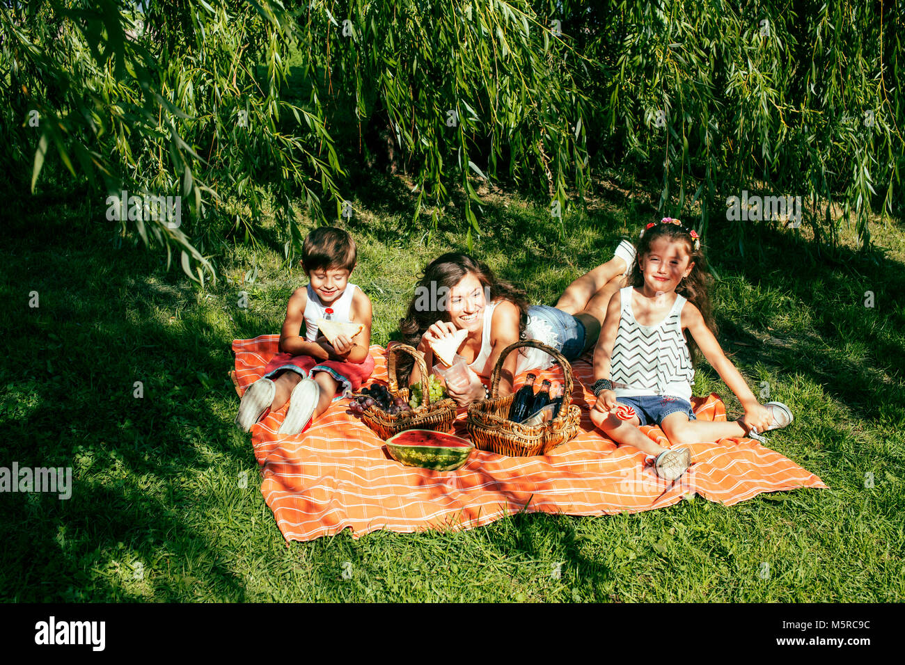 cute happy family on picnic laying on green grass mother and kid Stock ...