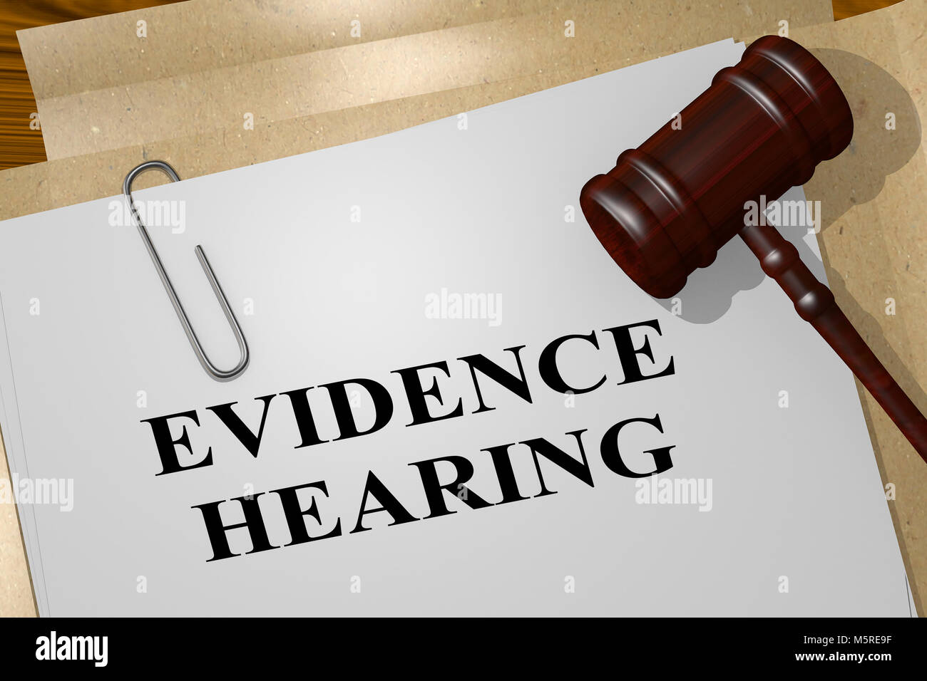 3D illustration of EVIDENCE HEARING title on legal document Stock Photo
