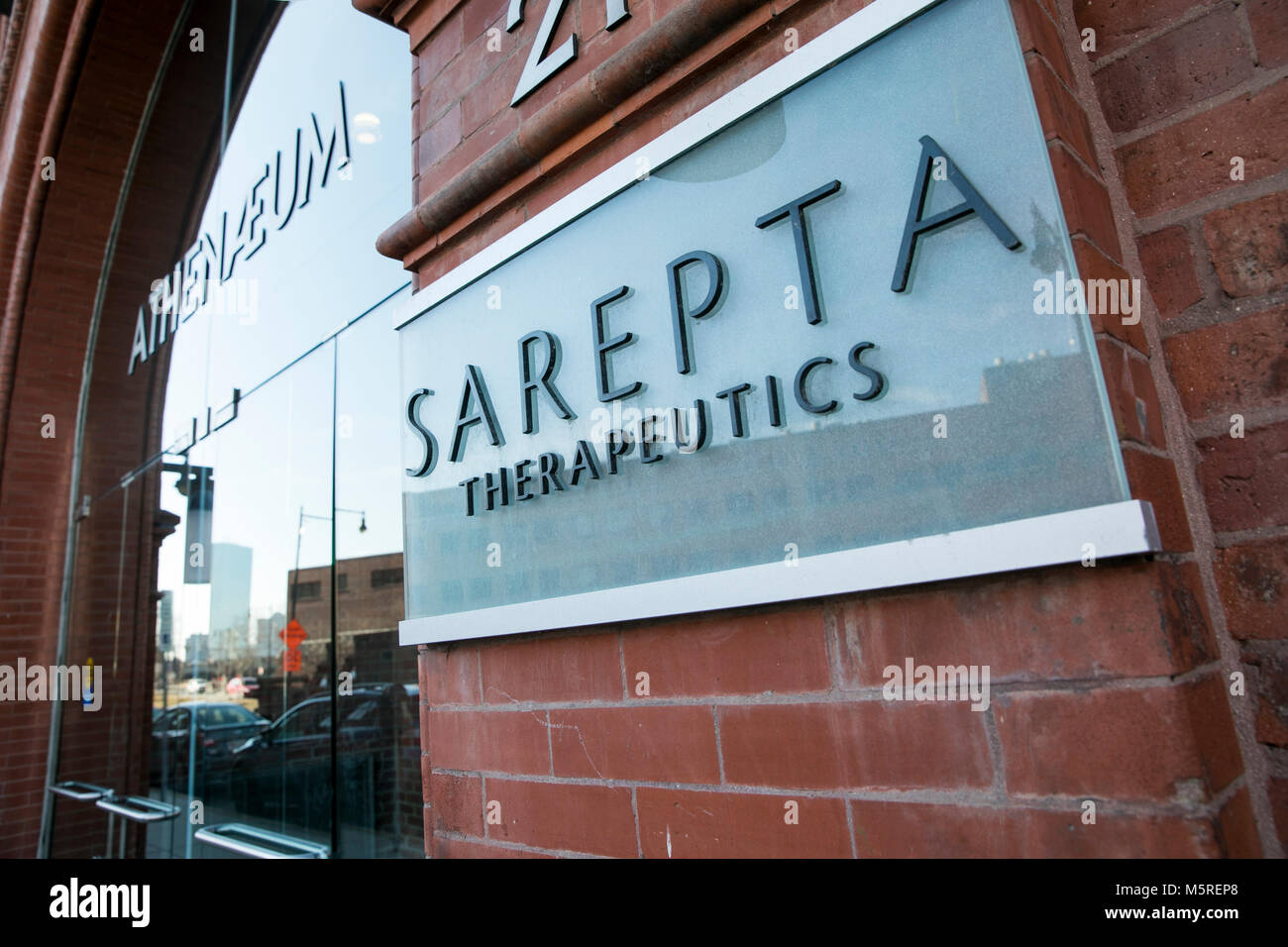 A logo sign outside of the headquarters of Sarepta Therapeutics, Inc