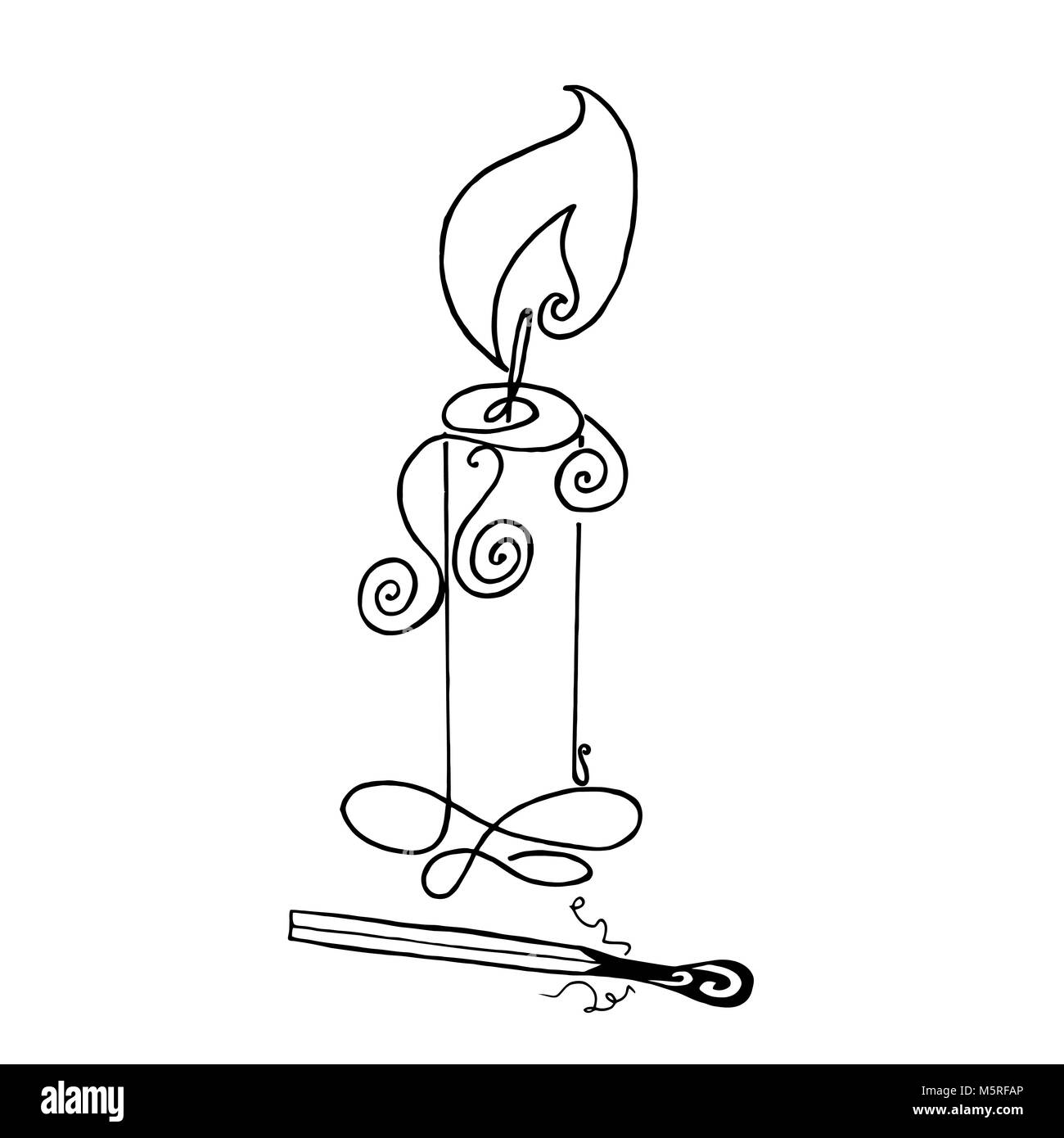 The outline with burning match and candle. Vector illustration. Flame candlestick. Stock Vector