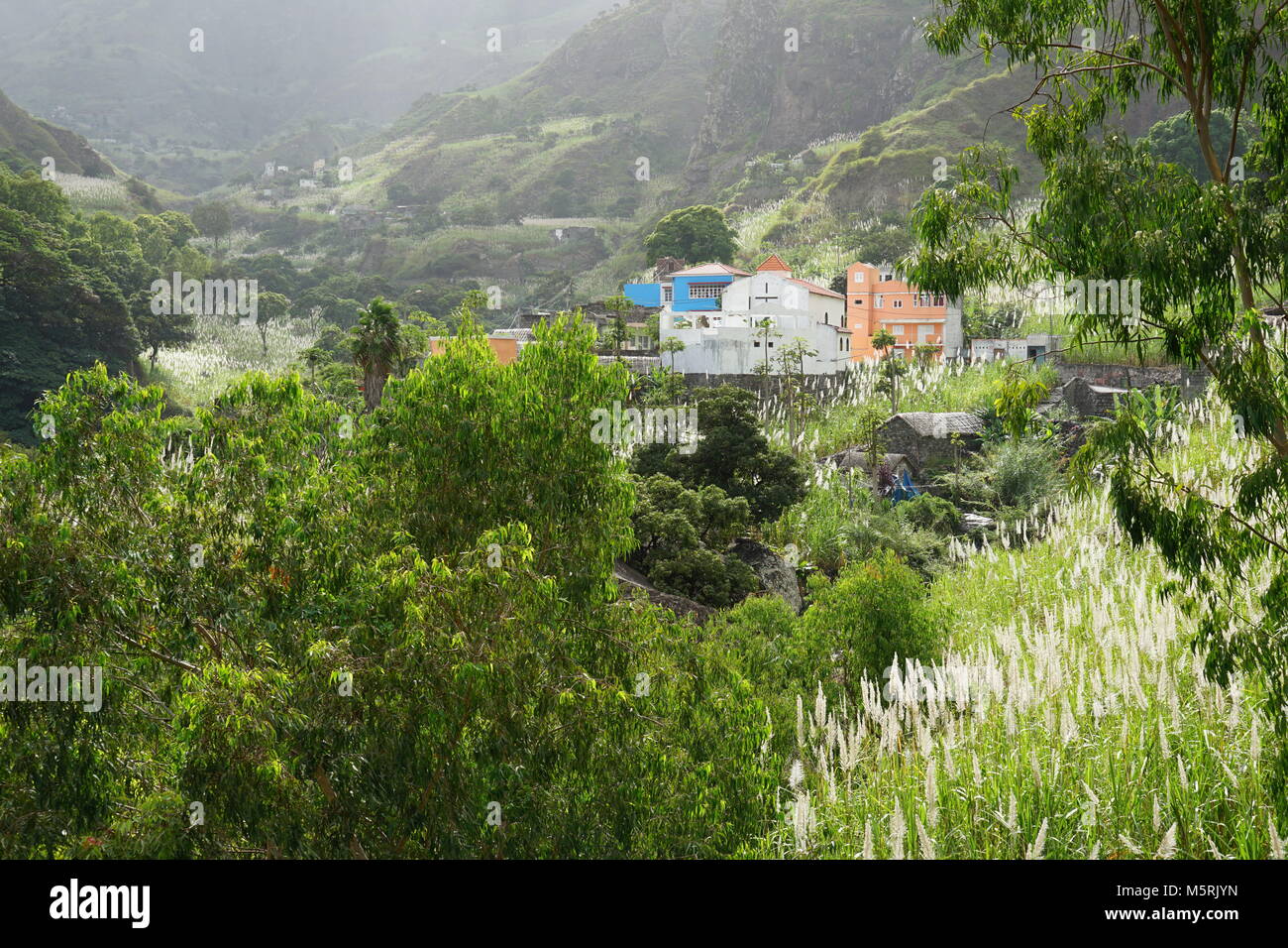 Farmhouses and Landscape of  Paul Valley,  Santo Antão, Cape Verde Stock Photo