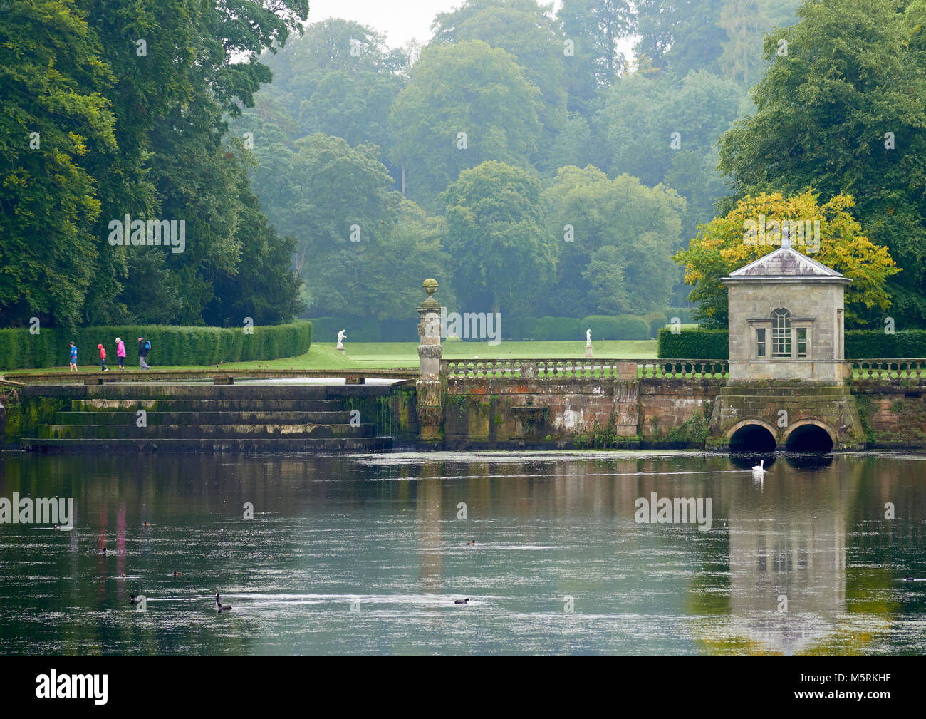 Large lake in a formal water park garden in North Yorkshire on an overcast day in summer. Stock Photo