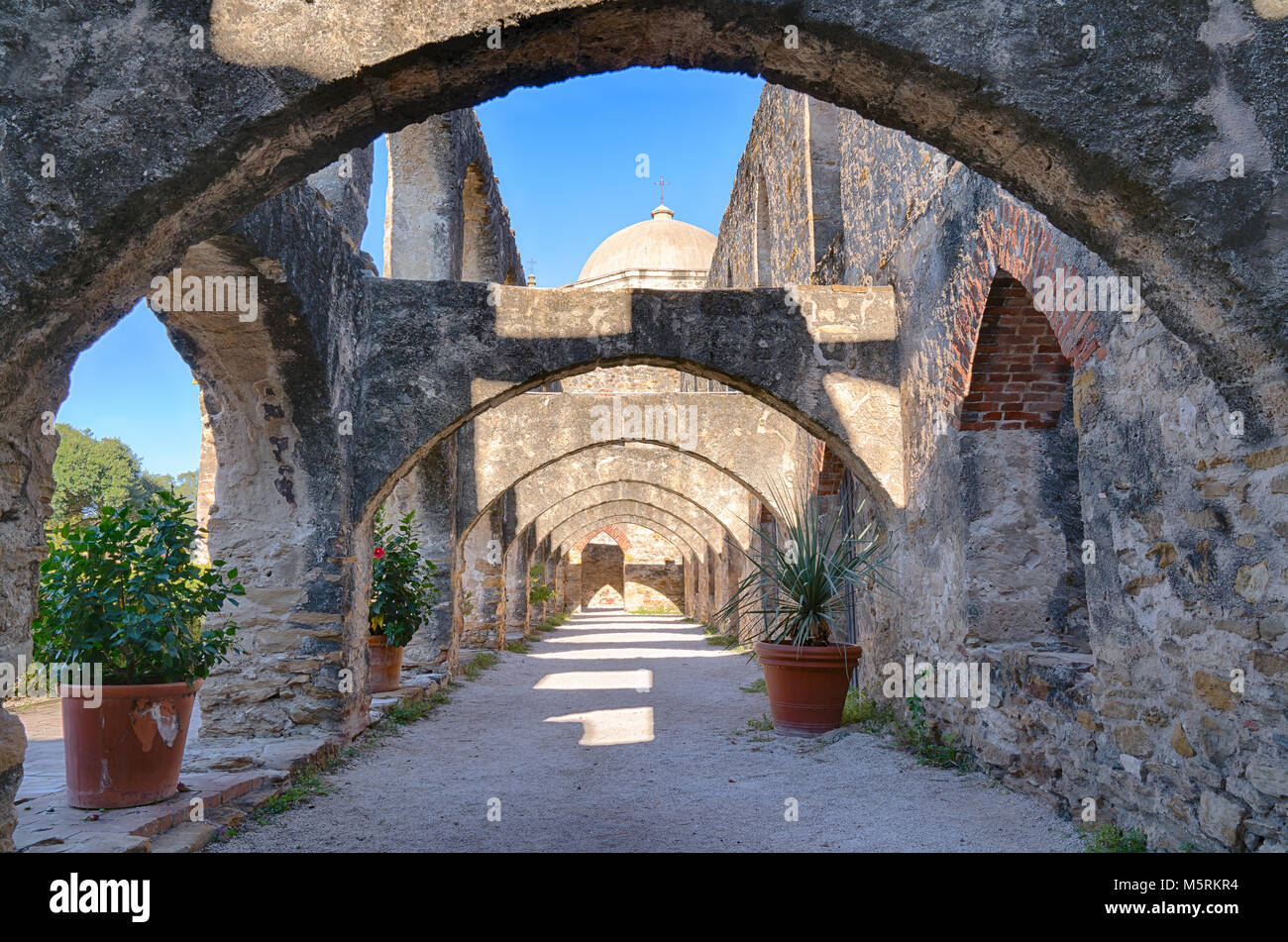 Archways at the Mission San Jose in San Antonio Missions National Historic Park, Texas Stock Photo