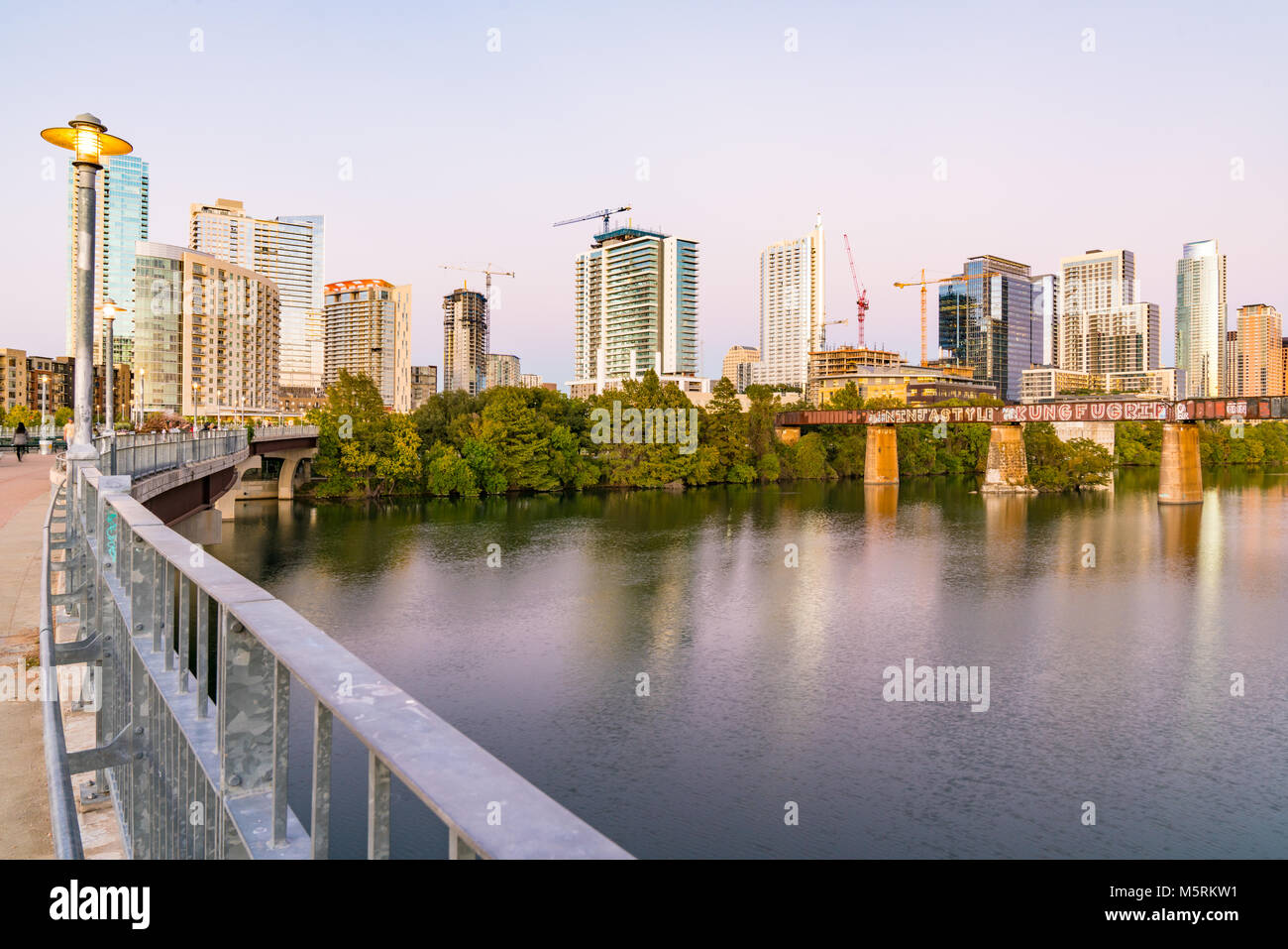 AUSTIN, TX - OCTOBER 28, 2017: Skyline of Austin, Texas from the Pfluger Pedestrian Bridge Stock Photo