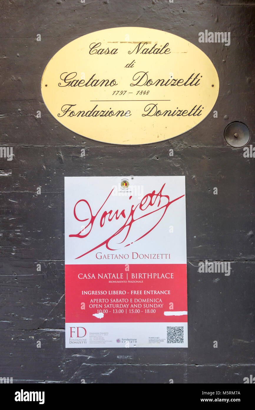 Detail facade information sign house born Gaetano Donizetti in Citta ALta of Bergamo,Lombardy,Italy. Stock Photo