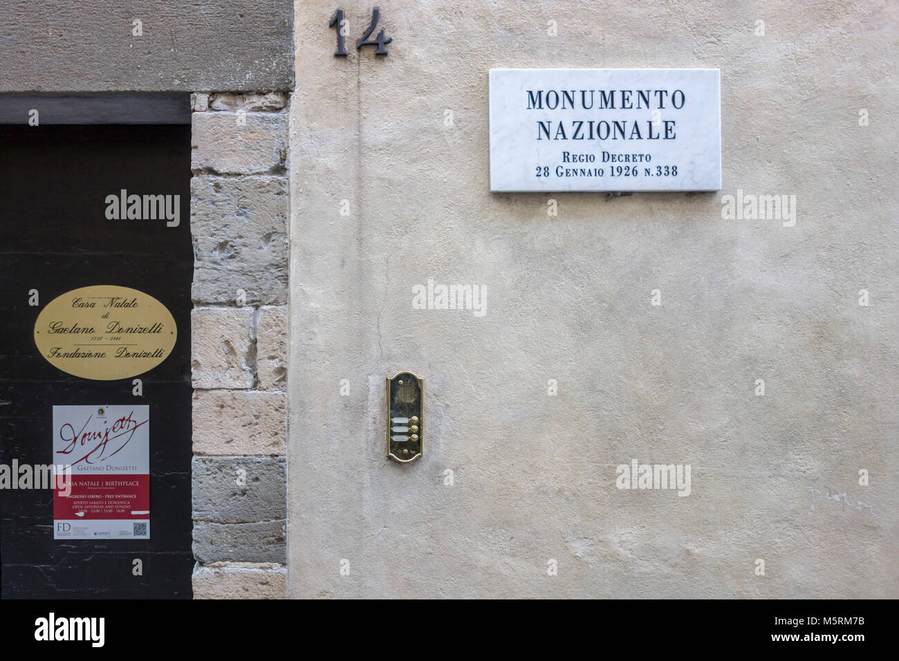Detail facade information sign house born Gaetano Donizetti in Citta ALta of Bergamo,Lombardy,Italy. Stock Photo