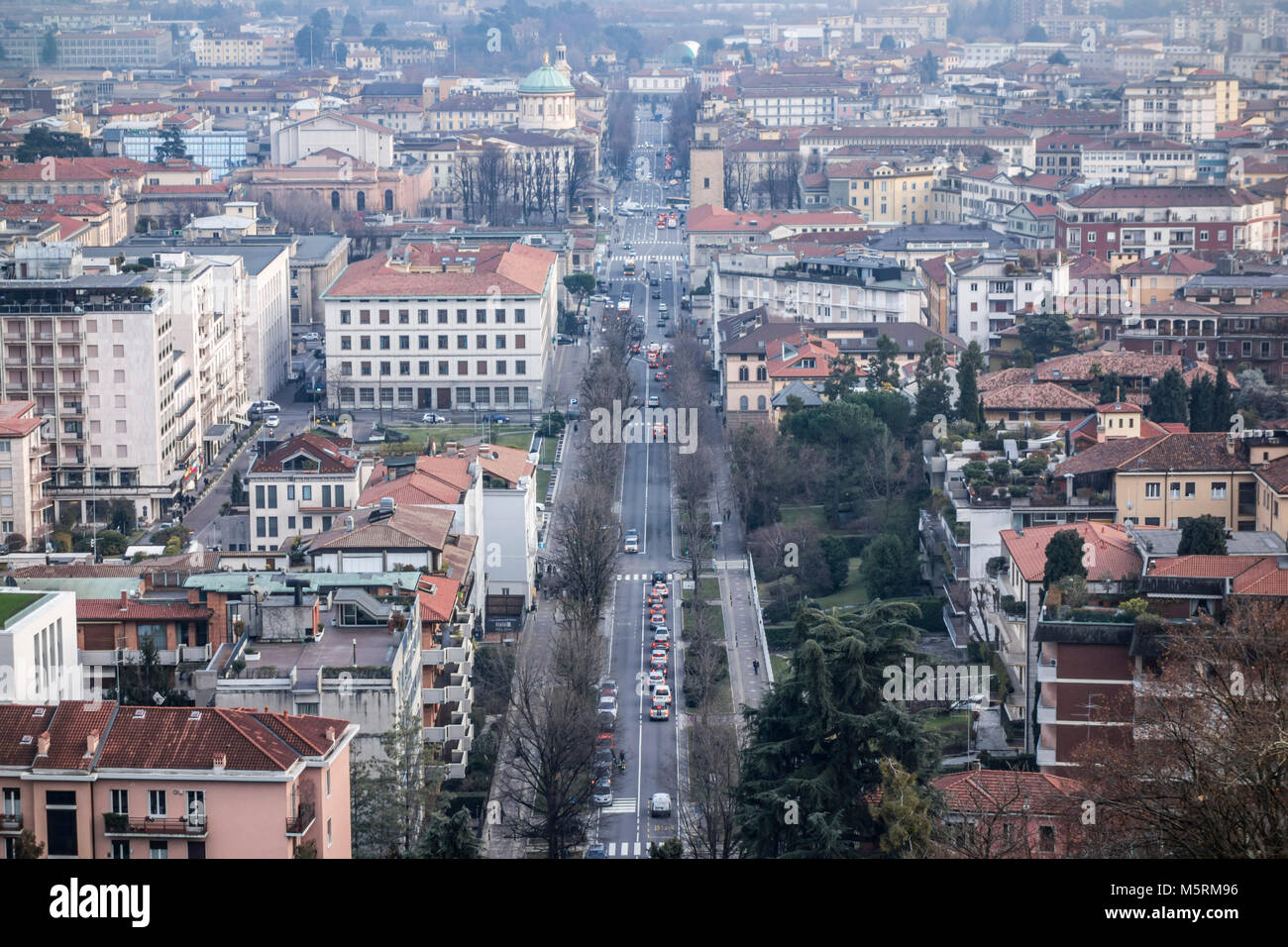 City view Citta Bassa from medieval area citta alta in Bergamo,Lombardy,Italy. Stock Photo