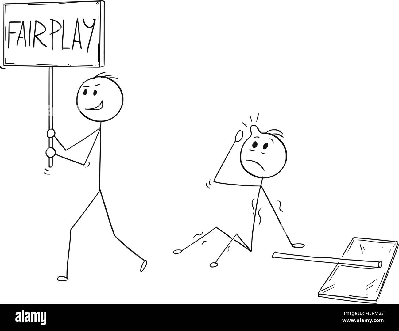 Cartoon of Businessman Walking with Fair Play Sign After he Hit Another Man with Sign Stock Vector
