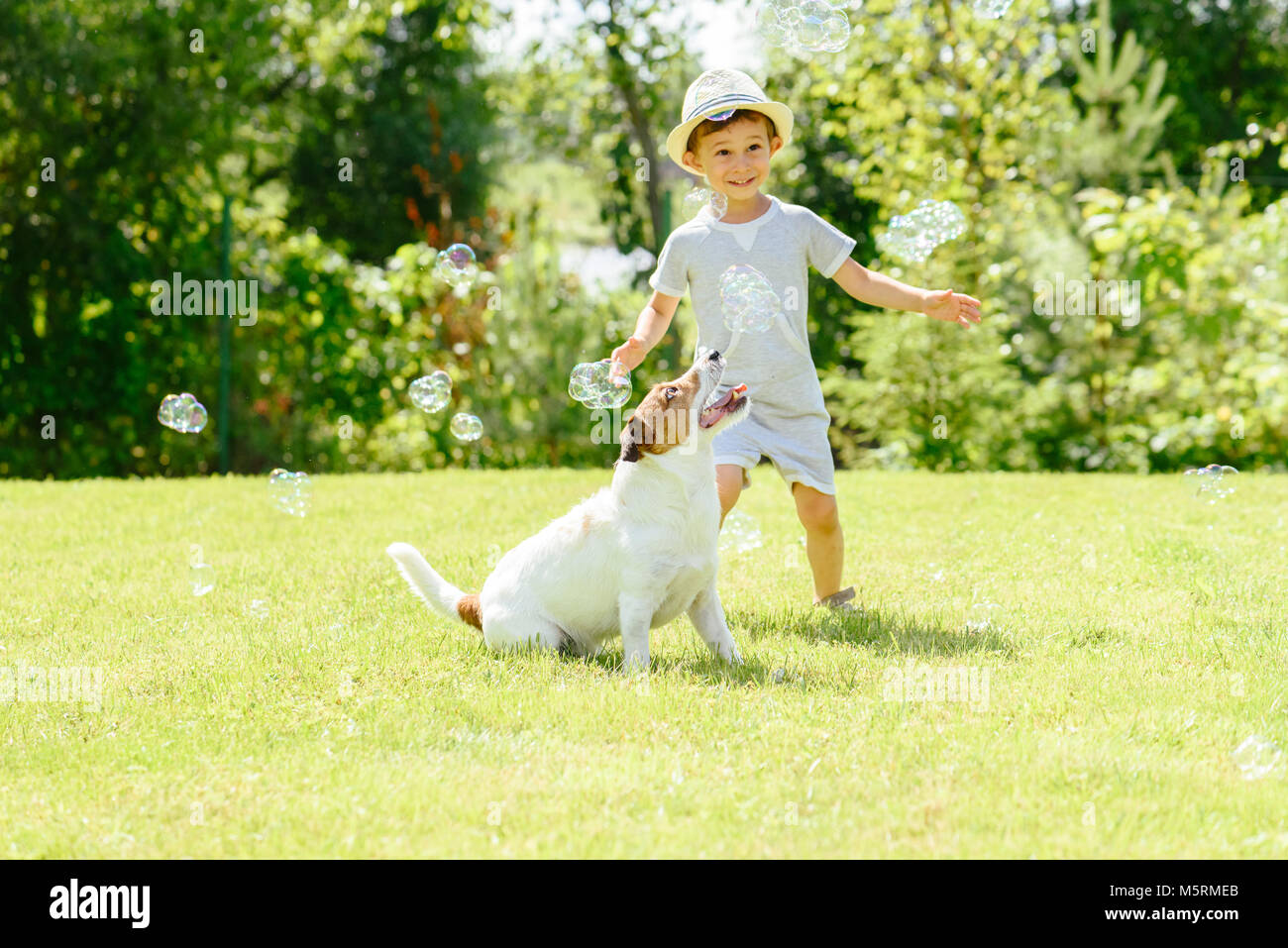 Happy kid and pet dog playing with soap bubbles at backyard lawn Stock Photo