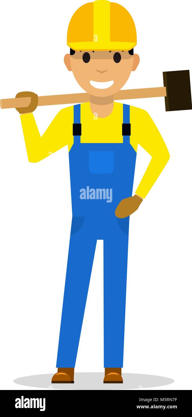 Vector cartoon man builder with a sledgehammer Stock Vector Image