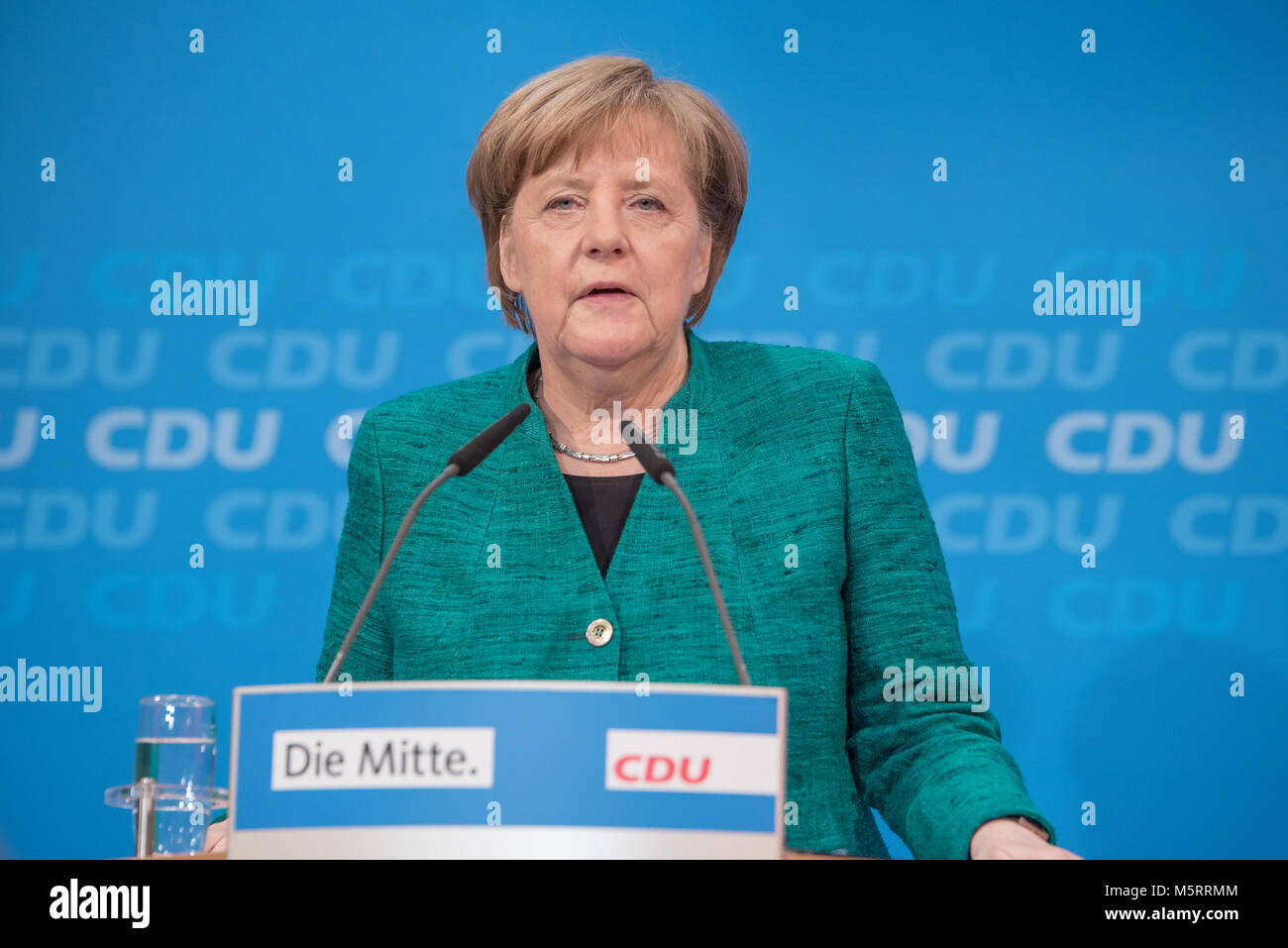 Berlin, Germany. 25th Feb, 2018. Angela Merkel on 25th February 2018 at a press conference about her new cabinet and the coming discussion over the Grand Coalition with the SPD. Credit: James Rea/Alamy Live News Stock Photo