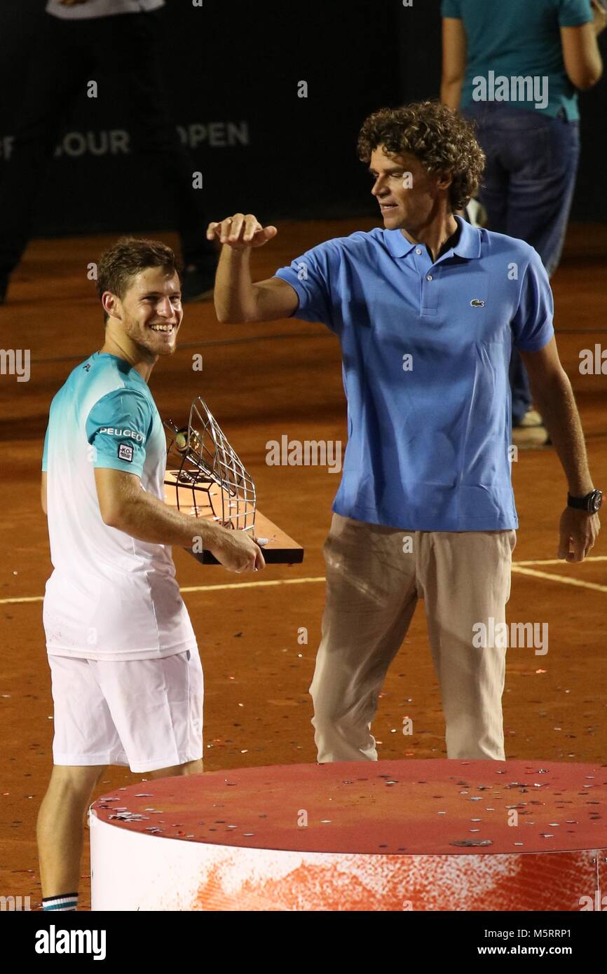 Rio de Janeiro, Brazil. 25th Feb, 2018. Champion Diego Schwartzman (ARG) with former player Gustavo 'Guga' Kuerten in the award ceremony of the Rio Open 2018 ATP 500. Credit: Maria Adelaide Silva/Alamy Live News Stock Photo