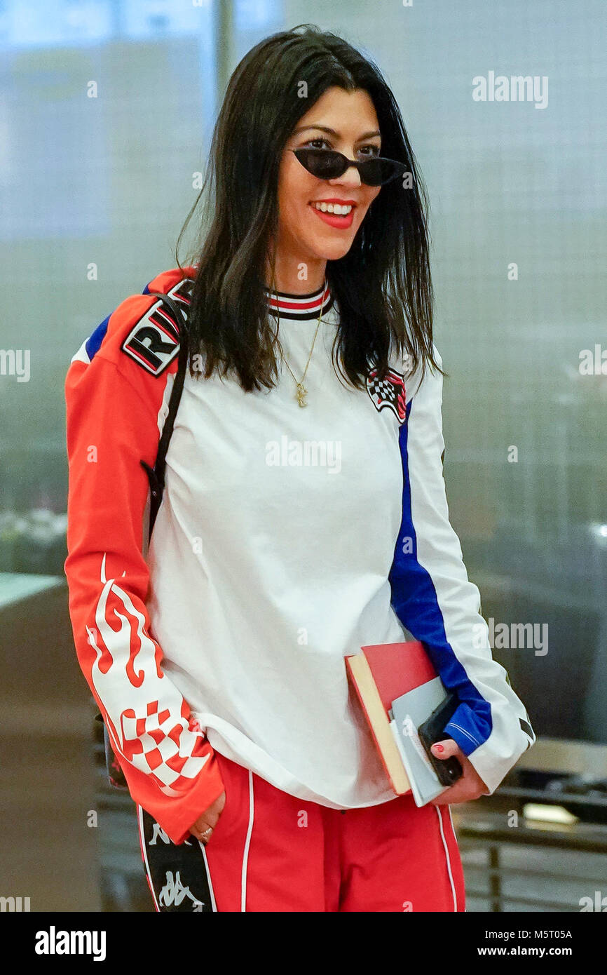 Tokyo, Japan. 26th Feb, 2018. Kourtney Kardashian is seen upon her arrival at Tokyo's Haneda International Airport. The Kardashian's touched down after almost a 2 hour delay on their flight. Credit: AFLO/Alamy Live News Stock Photo