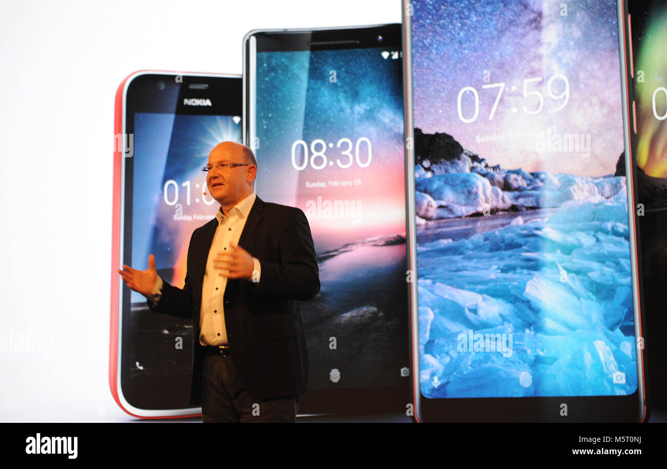 25 February 2018, Spain, Barcelona: Florian Seiche, head of production for Nokia smartphones HDM Global presents new models at the mobile communications fair 'Mobile World Congress'. Photo: Andrej Sokolow/dpa Stock Photo