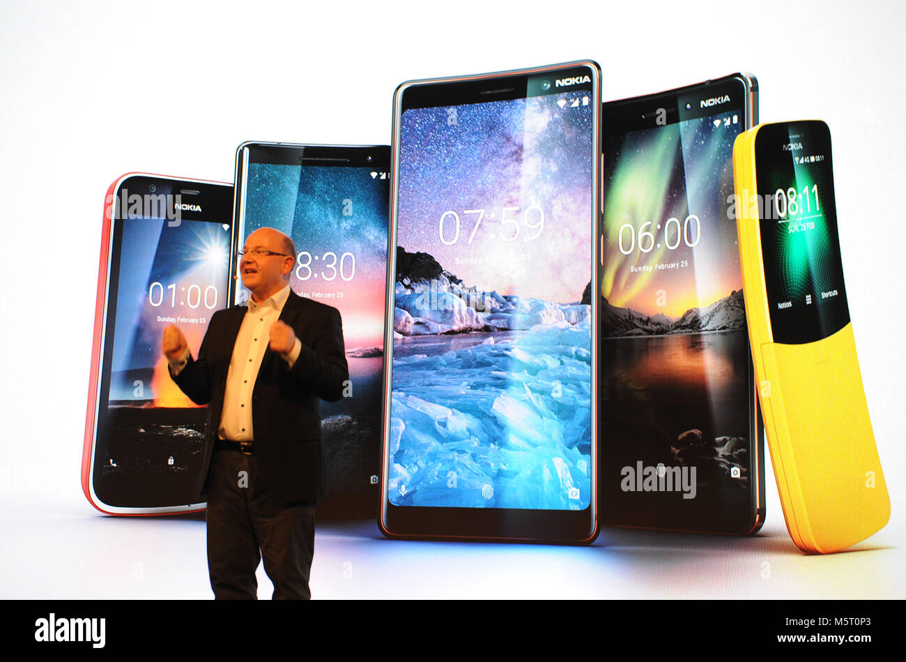 25 February 2018, Spain, Barcelona: Florian Seiche, head of production for Nokia smartphones HDM Global presents new models at the mobile communications fair 'Mobile World Congress'. Photo: Andrej Sokolow/dpa Stock Photo