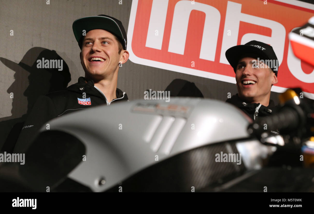 Memmingen, Germany. 23rd Feb, 2018. 23 February 2018, Germany, Memmingen: The motorcyclists Marcel Schroetter (L) and Xavi Vierge during a team presentation. Credit: Karl-Josef Hildenbrand/dpa/Alamy Live News Stock Photo