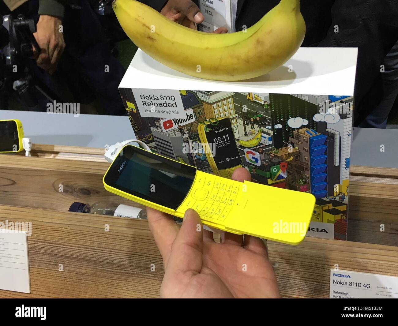 Barcelona, Spain. 26th Feb, 2018. A mobile phone Nokia 8110 in Banana Yellow color by HMD Global company is seen during the 2018 Mobile World Congress in Barcelona, Spain, on February 26, 2018. Credit: Jan Sadilek/CTK Photo/Alamy Live News Stock Photo
