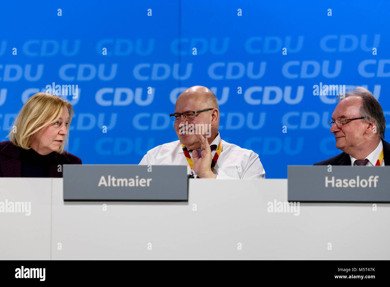 Berlin, Germany. 26th Feb, 2018. (L-R) Federal Minister of Education and Research Johanna Wanka (CDU), Head of the Federal Chancellery and Federal Minister of Finance Peter Altmaier (CDU) and Prime Minister of Saxony-Anhalt Reiner Haseloff (CDU) during the 30th congress of the CDU. The CDU votes today at the party convention in Berlin on the coalition agreement negotiated with the CSU and the SPD. Credit: 20180226 Heine 30CDUParteitag 9558.jpg/SOPA Images/ZUMA Wire/Alamy Live News Stock Photo