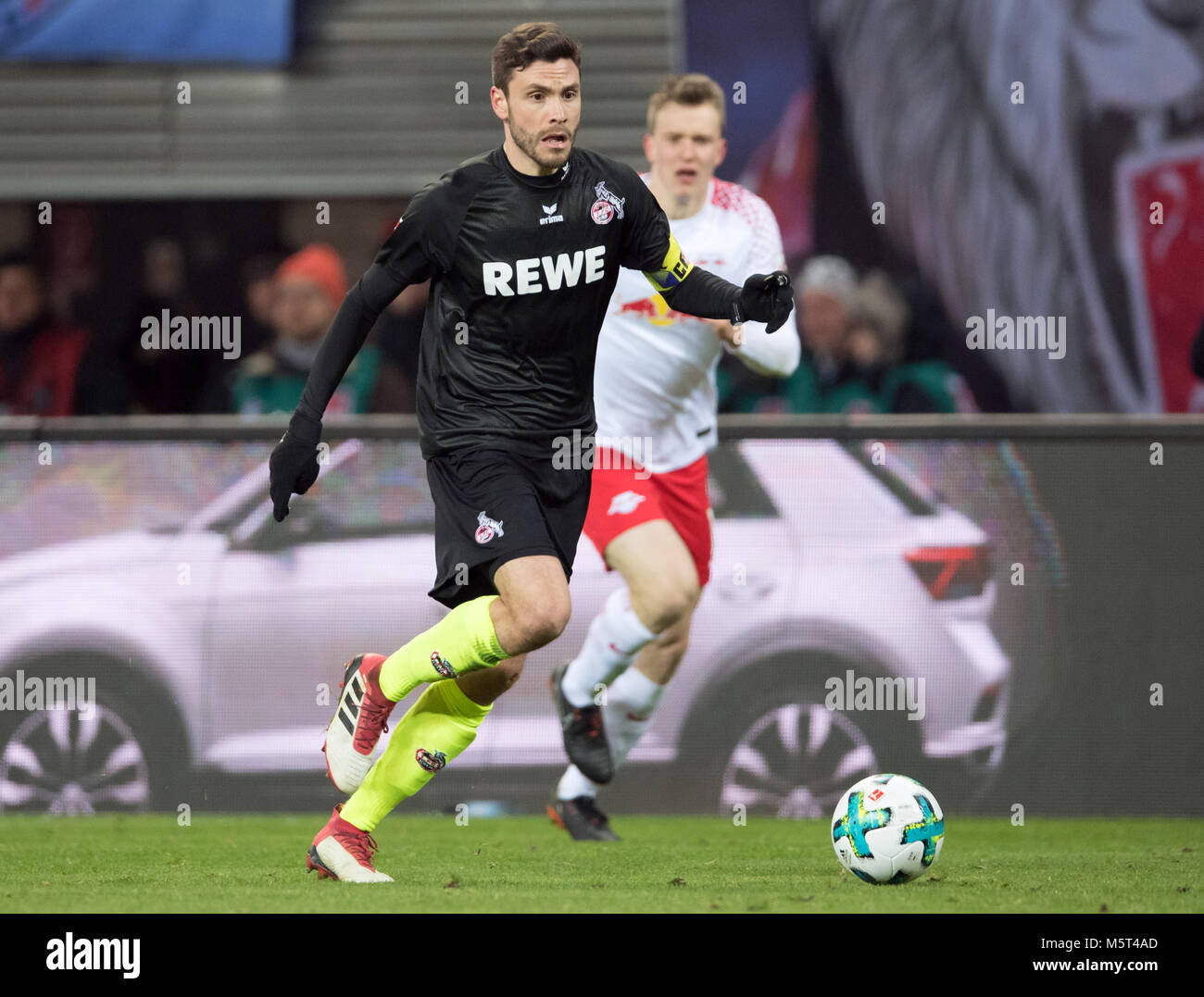 25 Febuary 2018, Germany, Leipzig: German Bundesliga soccer match between RB Leipzig and 1. FC Cologne, Red Bull Arena: Cologne's Jonas Hector in action. Photo: Soeren Stache/dpa - Nutzung nur nach vertraglicher Vereinbarung Stock Photo