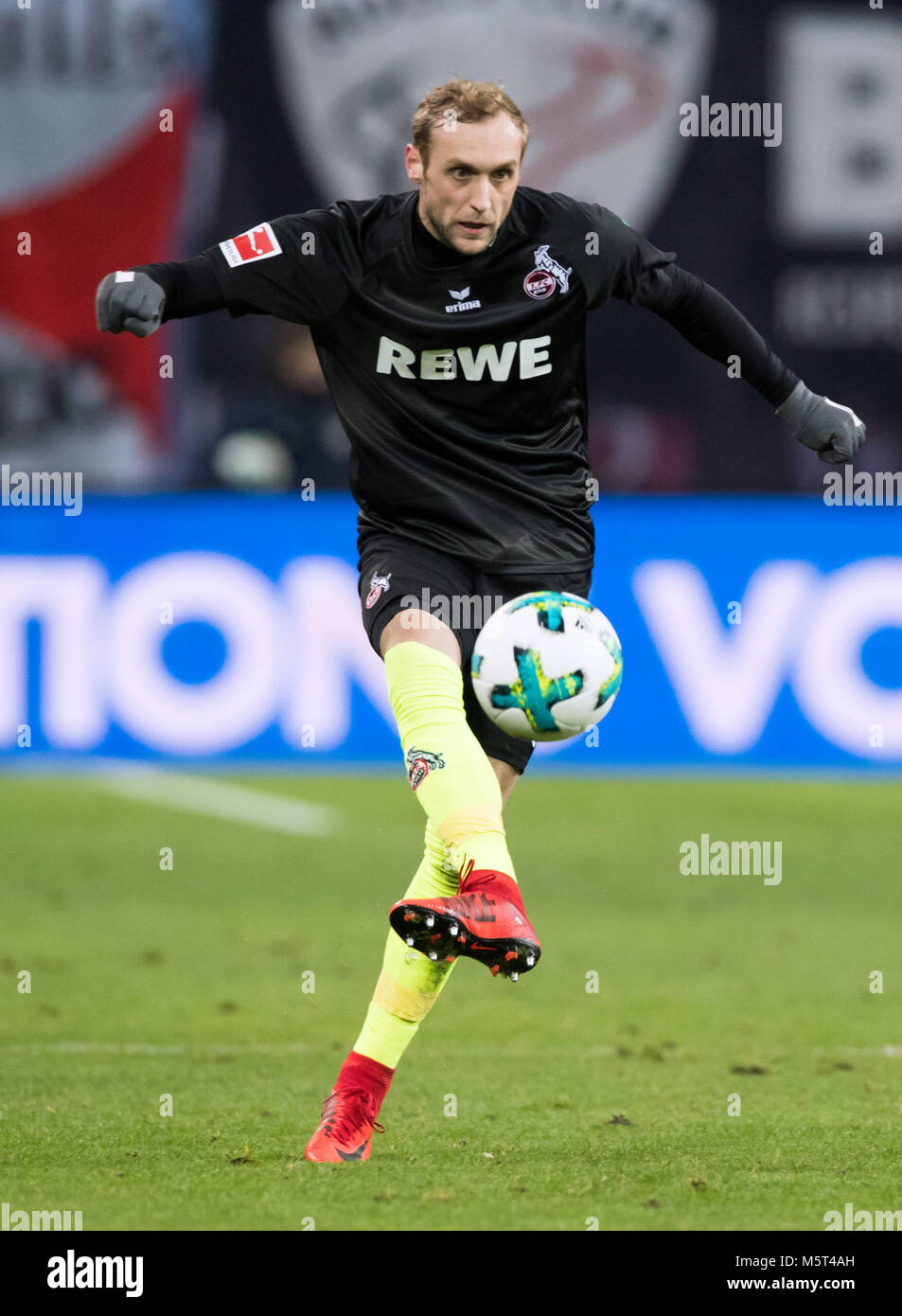 25 Febuary 2018, Germany, Leipzig: German Bundesliga soccer match between RB Leipzig and 1. FC Cologne, Red Bull Arena: Cologne's Marcel Risse in action. Photo: Soeren Stache/dpa - Nutzung nur nach vertraglicher Vereinbarung Stock Photo